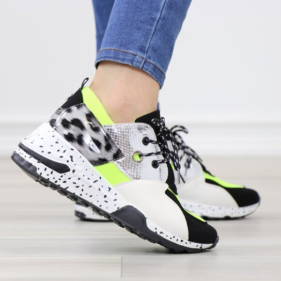 Multicolor Chunky Sneakers Neon Yellow Silver Animal Print Rugged Sole - Picture 6 of 14